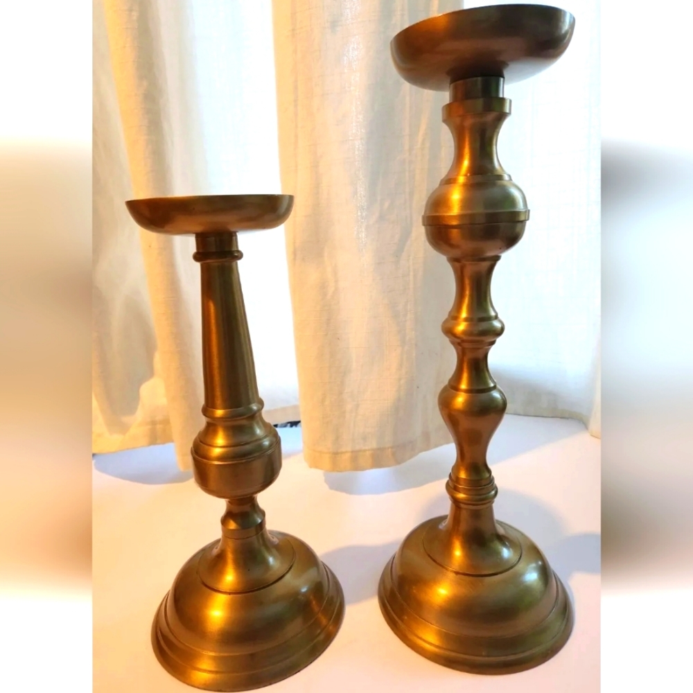 Set 2 Pottery Barn brass pillar candle holders